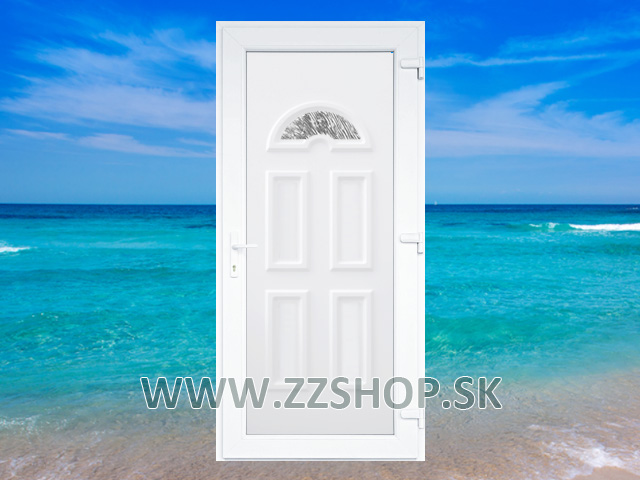 Biele plastové vchodové dvere Eivissa so zárubňou a so skolm: predaj, cena, cenník, rozmery, detaily, objednávanie cez internet. Oceľové výstuže, izolácia, izolačné sklo, lacná doprava, aj na dobierku. Vchodové dvere ZZshop