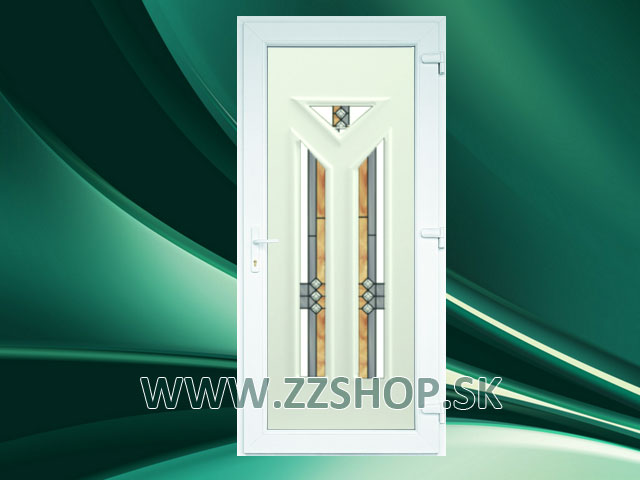 Plastové PVC vchodové dvere Kaizari + dekoratívne sklo. Lacné doručenie. Zosilnené, nastavitelné 3D pánty, zámok MACO 35 s hríbikmi (čapmi). Komorové profily: 6 (rám), 5 (dvere). Lacna vymena vchodovych dveri. Montazne prislusenstvo v ponuke.