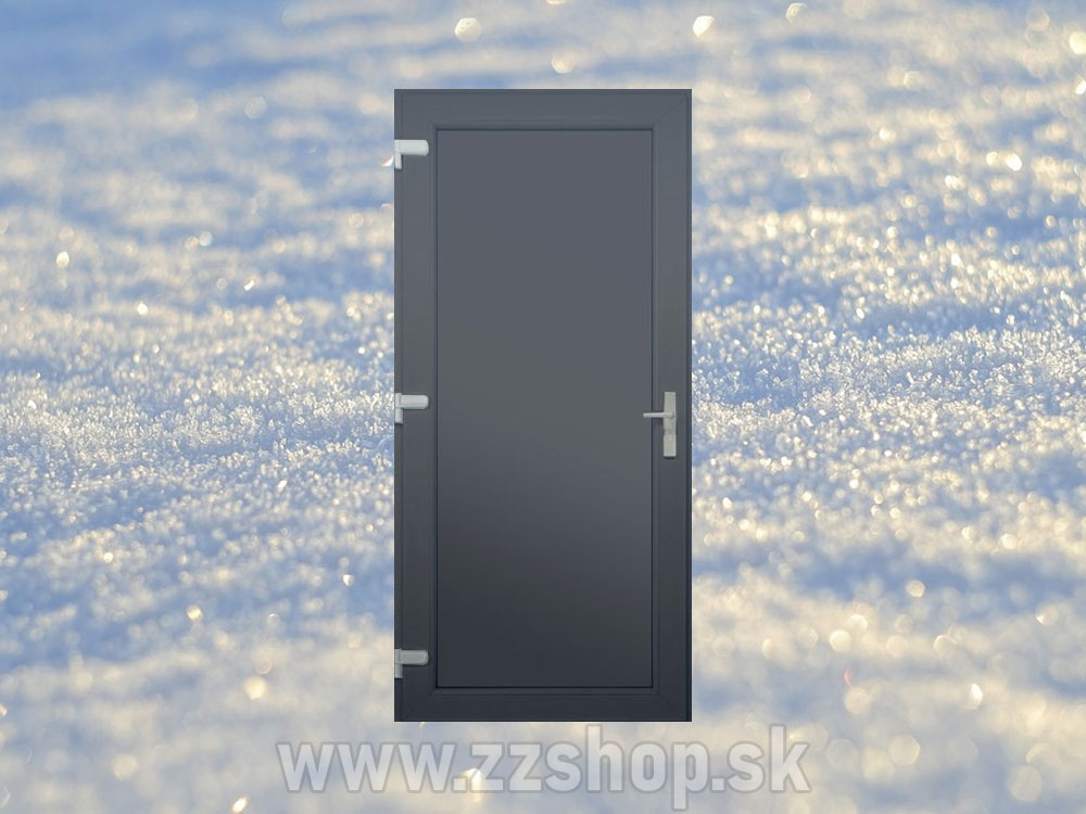Detail detail plastových vchodových dverí Full Panel. Dvere majú 5-komorové profily a 27 mm hrubý panel.